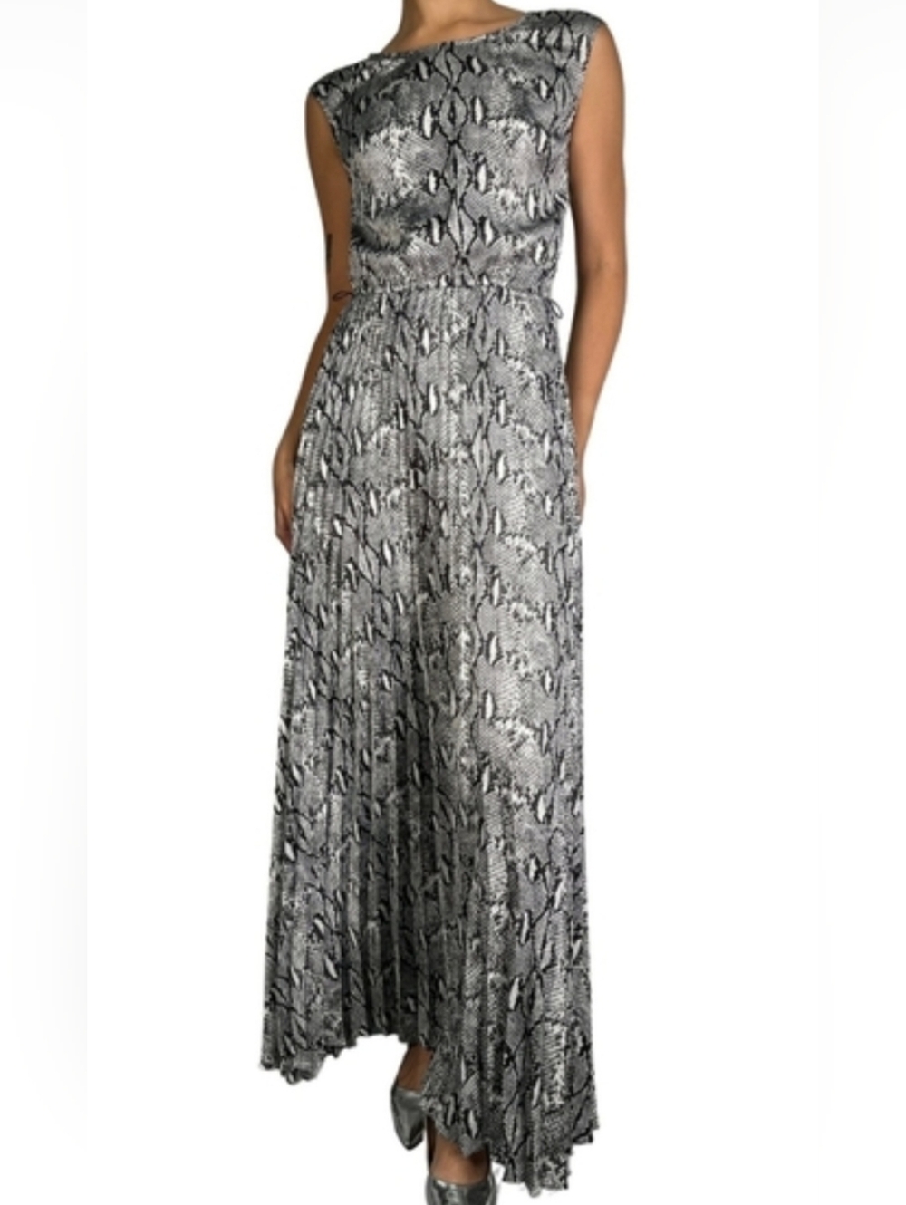 Michael Kors Silver & Gray Snake-Print Maxi Dress, Pleated, Elastic Waist, S: XS